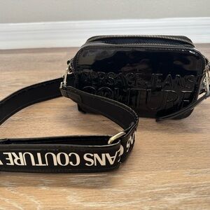 Versace Jeans Collection Black Patent Logo Belt Bag with Branded Strap